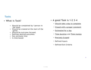 Tasks
1/18/2023
35
• What is Task?
• Should be completed by 1 person in
the team
• Should be created at the start of the
sprint
• Should be outcome focused.
• Outlines desired outcomes.
• Has estimate time
• Is time boxed
• A good Task is 1-2 3-4
• Should take a day to complete
• Closed with a proper comment
• Estimated for a day
• Time duration and Time stamps
• Precisely Scoped
• Defined Inputs
• Defined Exit Criteria
 