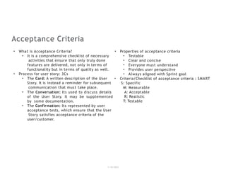 Acceptance Criteria
1/18/2023
• What is Acceptance Criteria?
• It is a comprehensive checklist of necessary
activities that ensure that only truly done
features are delivered, not only in terms of
functionality but in terms of quality as well.
• Process for user story: 3Cs
• The Card: A written description of the User
Story. It is instead a reminder for subsequent
communication that must take place.
• The Conversation: Its used to discuss details
of the User Story. It may be supplemented
by some documentation.
• The Confirmation: Its represented by user
acceptance tests, which ensure that the User
Story satisfies acceptance criteria of the
user/customer.
• Properties of acceptance criteria
• Testable
• Clear and concise
• Everyone must understand
• Provides user perspective
• Always aligned with Sprint goal
• Criteria/Checklist of acceptance criteria : SMART
S: Specific
M: Measurable
A: Acceptable
R: Realistic
T: Testable
 