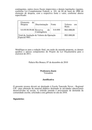 24001.99999.9999.9001 – Reserva de recursos para atender passivos
  contingentes, outros riscos fiscais imprevistos e demais legislações vigentes,
  conforme Lei Complementar Federal, n. 101, de 04 de maio de 2000 do
  elemento de despesa, com a respectiva fonte e valor, conforme abaixo
  especificado:


        Elemento     de
        Despesa           Discriminação   Fonte           Valores    em
                                                          Reais
        9.9.99.99.99.00 Reserva      de      9-9-999      R$3.000,00
                        Contingência
     Total da Anulação de Valores da Operação             R$3.000,00
     Especial 9001




  Modifique-se para a redação final, em razão da emenda proposta, os demais
  quadros e anexos componentes do Projeto da Lei Orçamentária para o
  exercício de 2011.


                 Palácio Rio Branco, 07 de dezembro de 2010



                               Professora Josete
                                  Vereadora


                                 Justificativa


O presente recurso deverá ser destinado à Escola Tancredo Neves - Regional
CIC- para obtenção de material didático destinado às atividades educacionais
desenvolvidas na escola. A referida emenda é proveniente de demanda da
comunidade escolar, solicitada a este gabinete no ano de 2010.

Signatários:
 
