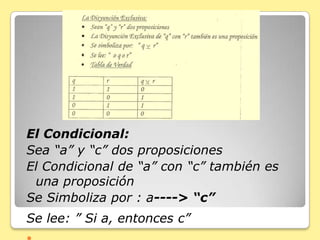 El Condicional:
Sea “a” y “c” dos proposiciones
El Condicional de “a” con “c” también es
una proposición
Se Simboliza por : a----> “c”
Se lee: ” Si a, entonces c”
 