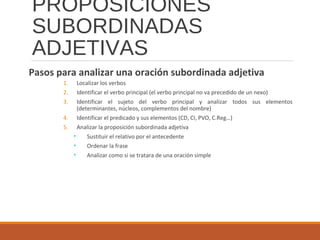 PROPOSICIONES
SUBORDINADAS
ADJETIVAS
Pasos para analizar una oración subordinada adjetiva
1. Localizar los verbos
2. Identificar el verbo principal (el verbo principal no va precedido de un nexo)
3. Identificar el sujeto del verbo principal y analizar todos sus elementos
(determinantes, núcleos, complementos del nombre)
4. Identificar el predicado y sus elementos (CD, CI, PVO, C.Reg…)
5. Analizar la proposición subordinada adjetiva
• Sustituir el relativo por el antecedente
• Ordenar la frase
• Analizar como si se tratara de una oración simple
 