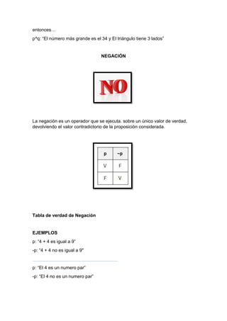 entonces…
p^q: “El número más grande es el 34 y El triángulo tiene 3 lados”
NEGACIÓN
La negación es un operador que se ejecuta. sobre un único valor de verdad,
devolviendo el valor contradictorio de la proposición considerada.
Tabla de verdad de Negación
EJEMPLOS
p: “4 + 4 es igual a 9”
-p: “4 + 4 no es igual a 9″
p: “El 4 es un numero par”
-p: “El 4 no es un numero par”
 