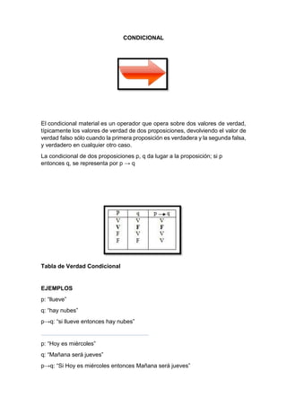 CONDICIONAL
El condicional material es un operador que opera sobre dos valores de verdad,
típicamente los valores de verdad de dos proposiciones, devolviendo el valor de
verdad falso sólo cuando la primera proposición es verdadera y la segunda falsa,
y verdadero en cualquier otro caso.
La condicional de dos proposiciones p, q da lugar a la proposición; si p
entonces q, se representa por p → q
Tabla de Verdad Condicional
EJEMPLOS
p: “llueve”
q: “hay nubes”
p→q: “si llueve entonces hay nubes”
p: “Hoy es miércoles”
q: “Mañana será jueves”
p→q: “Si Hoy es miércoles entonces Mañana será jueves”
 