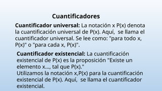 Cuantificadores
Cuantificador universal: La notación x P(x) denota
la cuantificación universal de P(x). Aquí, se llama el
cuantificador universal. Se lee como: "para todo x,
P(x)" o "para cada x, P(x)".
Cuantificador existencial: La cuantificación
existencial de P(x) es la proposición "Existe un
elemento x…, tal que P(x)."
Utilizamos la notación x,P(x) para la cuantificación
existencial de P(x). Aquí, se llama el cuantificador
existencial.
 