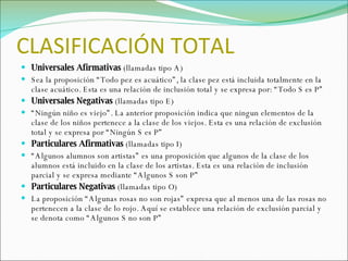 CLASIFICACIÓN TOTAL Universales Afirmativas  (llamadas tipo A) Sea la proposición “Todo pez es acuático”, la clase pez está incluida totalmente en la clase acuático. Esta es una relación de inclusión total y se expresa por: “Todo S es P” Universales Negativas  (llamadas tipo E) “ Ningún niño es viejo”. La anterior proposición indica que ningun elementos de la clase de los niños pertenece a la clase de los viejos. Esta es una relación de exclusión total y se expresa por “Ningún S es P” Particulares Afirmativas  (llamadas tipo I) “ Algunos alumnos son artistas” es una proposición que algunos de la clase de los  alumnos está incluido en la clase de los artistas. Esta es una relación de inclusión parcial y se expresa mediante “Algunos S son P” Particulares Negativas  (llamadas tipo O) La proposición “Algunas rosas no son rojas” expresa que al menos una de las rosas no pertenecen a la clase de lo rojo. Aquí se establece una relación de exclusión parcial y se denota como “Algunos S no son P” 
