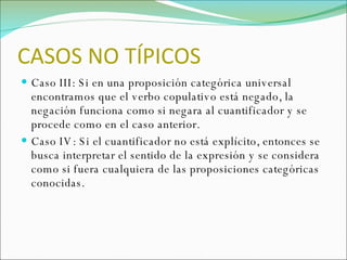 CASOS NO TÍPICOS Caso III: Si en una proposición categórica universal encontramos que el verbo copulativo está negado, la negación funciona como si negara al cuantificador y se procede como en el caso anterior. Caso IV: Si el cuantificador no está explícito, entonces se busca interpretar el sentido de la expresión y se considera como si fuera cualquiera de las proposiciones categóricas conocidas. 