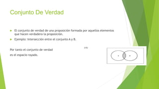 Conjunto De Verdad
 El conjunto de verdad de una proposición formada por aquellos elementos
que hacen verdadera la proposición.
 Ejemplo: Intersección entre el conjunto A y B.
Por tanto el conjunto de verdad
es el espacio rayado.
 