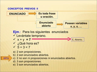 CONCEPTOS PREVIOS II

       ENUNCIADO                Es toda frase
                                 u oración.

                                Enunciado             Poseen variables
                                 abierto                 x, y, z, …

         Ejm.: Para los siguientes enunciados
          Levántate temprano.
          x+y =7                                          E. Abierto.
          ¿Qué hora es?
          5+3<7
         a)   2 son proposiciones.
         b)   2 son enunciados abiertos.
RPTA     c)   2 no son ni proposiciones ni enunciados abiertos.
         d)   3 son proposiciones.
         e)   3 son enunciados abiertos.
 