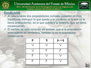 Condicional 
 Al relacionarse dos proposiciones con este conector es muy 
importante distinguir la que queda a la izquierda (a la que se le 
llama antecedente), de la que queda a la derecha (que se llama 
consecuente). 
 El sentido de este conector es señalar, que si la proposición 
antecedente es verdadera, también lo es la proposición 
consecuente. 
 
