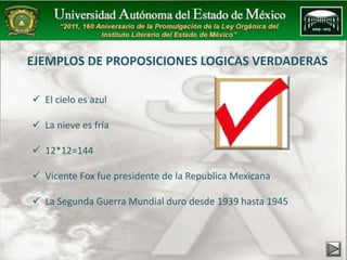 EJEMPLOS DE PROPOSICIONES LOGICAS VERDADERAS 
 El cielo es azul 
 La nieve es fría 
 12*12=144 
 Vicente Fox fue presidente de la Republica Mexicana 
 La Segunda Guerra Mundial duro desde 1939 hasta 1945 
 