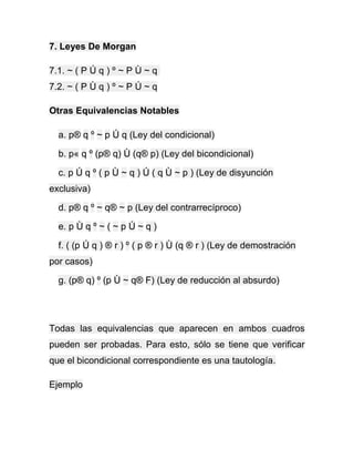 7. Leyes De Morgan
7.1. ~ ( P Ú q ) º ~ P Ù ~ q
7.2. ~ ( P Ù q ) º ~ P Ú ~ q
Otras Equivalencias Notables
a. p® q º ~ p Ú q (Ley del condicional)
b. p« q º (p® q) Ù (q® p) (Ley del bicondicional)
c. p Ú q º ( p Ù ~ q ) Ú ( q Ù ~ p ) (Ley de disyunción
exclusiva)
d. p® q º ~ q® ~ p (Ley del contrarrecíproco)
e. p Ù q º ~ ( ~ p Ú ~ q )
f. ( (p Ú q ) ® r ) º ( p ® r ) Ù (q ® r ) (Ley de demostración
por casos)
g. (p® q) º (p Ù ~ q® F) (Ley de reducción al absurdo)

Todas las equivalencias que aparecen en ambos cuadros
pueden ser probadas. Para esto, sólo se tiene que verificar
que el bicondicional correspondiente es una tautología.
Ejemplo

 