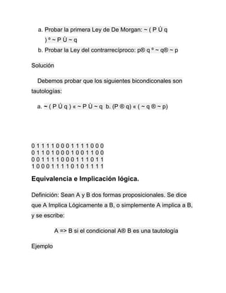 a. Probar la primera Ley de De Morgan: ~ ( P Ú q
)º~PÙ~q
b. Probar la Ley del contrarrecíproco: p® q º ~ q® ~ p
Solución
Debemos probar que los siguientes bicondiconales son
tautologías:
a. ~ ( P Ú q ) « ~ P Ù ~ q b. (P ® q) « ( ~ q ® ~ p)

011110001111000
011010001001100
001111000111011
100011110101111

Equivalencia e Implicación lógica.
Definición: Sean A y B dos formas proposicionales. Se dice
que A Implica Lógicamente a B, o simplemente A implica a B,
y se escribe:
A => B si el condicional A® B es una tautología
Ejemplo

 