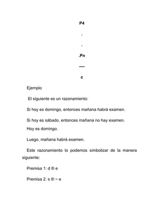 P4
.
.
.Pn
---c
Ejemplo
El siguiente es un razonamiento:
Si hoy es domingo, entonces mañana habrá examen.
Si hoy es sábado, entonces mañana no hay examen.
Hoy es domingo.
Luego, mañana habrá examen.
Este razonamiento lo podemos simbolizar de la manera
siguiente:
Premisa 1: d ® e
Premisa 2: s ® ~ e

 