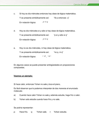 c.

Si hoy es día miércoles entonces hay clase de lógica matemática.
“Si p entonces q”

Y se presenta simbólicamente así:
En notación lógica:

d.

pq

Hoy es día miércoles si y sólo si hay clase de lógica matemática.
“p si y sólo si q”

Y se presenta simbólicamente así:
En notación lógica:

e.

pq

Hoy no es día miércoles, ni hay clase de lógica matemática.
“no p, ni q”

Y se presenta simbólicamente así:
En notación lógica:

“ p , q ”

En algunos casos se puede presentar ambigüedades en proposiciones
compuestas.

Veamos un ejemplo:

Si hace calor, entonces Yohan no sale y toca el piano.
Es fácil observar que lo podemos interpretar de dos maneras el enunciado
molecular.
a)

Cuando hace calor Yohan no sale y además estudia, haga frío o calor.

b)

Yohan solo estudia cuando hace frío y no sale.

Se podría representar:
p:

Hace frío.

q:

Yohan sale.

r:

Yohan estudia.

 