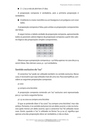 Proposições simples e compostas
23
5  2 ou o mês de abril tem 31 dias.
A proposição composta é verdadeira, pois a primeira proposição é
verdadeira.
O elefante é o maior mamífero ou um hexágono é um polígono com nove
lados.
A proposição composta é falsa, pois ambas as proposições componentes
são falsas.
A seguir temos a tabela-verdade da proposição composta, apresentando
todos os possíveis valores lógicos da proposição composta a partir dos valo-
res lógicos das proposições simples componentes.
p q p q
V V V
V F V
F V V
F F F
Observe que a proposição composta p q é falsa apenas no caso de p e q
serem falsas. Nos demais casos, p q é verdadeira.
Sentido exclusivo do“ou”
O conectivo “ou” pode ser utilizado também no sentido exclusivo. Nesse
caso, é necessário que seja utilizado mais de uma vez. Para exemplificar, con-
sidere as seguintes proposições compostas:
p: caso
q: compro uma bicicleta
A proposição composta contendo um “ou” exclusivo será representada
por p q e terá a seguinte forma:
p q: ou caso ou compro uma bicicleta
O que se pretende dizer é “ou caso”, “ou compro uma bicicleta”, mas não
ambos. Portanto, é no sentido exclusivo (só um deles ocorre), e não no inclu-
sivo (pelo menos um deles ocorre), que o conectivo “ou” foi utilizado nesse
caso. Assim, quando o “ou” é utilizado na forma “ou p ou q”, significa que
apenas uma das proposições deve ser verdadeira, e não as duas.
Esse material é parte integrante do Videoaulas on-line do IESDE BRASIL S/A,
mais informações www.videoaulasonline.com.br
 