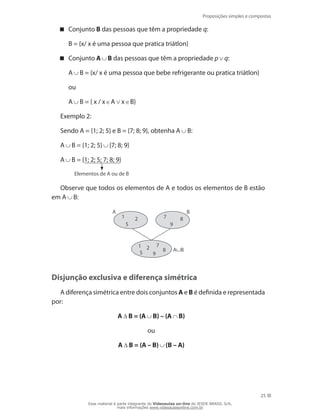 Proposições simples e compostas
25
Conjunto B das pessoas que têm a propriedade q:
	 B = {x/ x é uma pessoa que pratica triátlon}
Conjunto A B das pessoas que têm a propriedade p q:
	 A B = {x/ x é uma pessoa que bebe refrigerante ou pratica triátlon}
	 ou
	 A B = { x / x A x B}
Exemplo 2:
Sendo A = {1; 2; 5} e B = {7; 8; 9}, obtenha A B:
A B = {1; 2; 5} {7; 8; 9}
A B = {1; 2; 5; 7; 8; 9}
Elementos de A ou de B
Observe que todos os elementos de A e todos os elementos de B estão
em A B:
A B
A B2
5
1
1 7 8
9
2
5
7
9
8
Disjunção exclusiva e diferença simétrica
A diferença simétrica entre dois conjuntos A e B é definida e representada
por:
A B = (A B) – (A B)
ou
A B = (A – B) (B – A)
Esse material é parte integrante do Videoaulas on-line do IESDE BRASIL S/A,
mais informações www.videoaulasonline.com.br
 