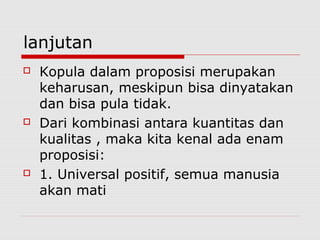 lanjutan






Kopula dalam proposisi merupakan
keharusan, meskipun bisa dinyatakan
dan bisa pula tidak.
Dari kombinasi antara kuantitas dan
kualitas , maka kita kenal ada enam
proposisi:
1. Universal positif, semua manusia
akan mati

 