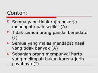 Contoh:








Semua yang tidak rajin bekerja
mendapat upah sedikit (A)
Tidak semua orang pandai berpidato
(I)
Semua yang malas mendapat hasil
yang tidak banyak (A)
Sebagian orang mempunyai harta
yang melimpah bukan karena jerih
payahnya (I)

 