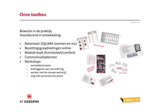 Onze toolbox
                                           Januari 2012




Bewezen in de praktijk.
Voortdurend in ontwikkeling.

•   Rekentool: SQUARE (normen en m2)
•   Bezettingsgraadmetingen online
•   Module boek (functioneel/comfort)
•   Communicatieplannen
•   Workshops
     –   werkpleksimulatie
     –   leidinggeven aan verandering,
     –   werken met de nieuwe werkstijl,
     –   weg met automatische piloot
 