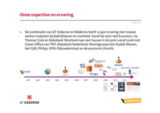 Onze expertise en ervaring
                                                                              Januari 2012




•   De combinatie van AT Osborne en Riddervis heeft 10 jaar ervaring met nieuwe
    werken trajecten bij bedrijfsleven en overheid. Vanaf de start met Euronext, via
    Thomas Cook en Rabobank Westland naar een hausse in de jaren vanaf 2006 met
    Green Office van TNT, Rabobank Nederland, Woningcorporatie Dudok Wonen,
    het CJIB, Philips, KPN, Rijkswaterstaat en de provincie Utrecht.
 