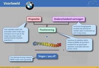Voorbeeld
13Propositieontwikkeling / denk- & werkwijze
Propositie Onderscheidend vermogen
Slogan / pay off
PositioneringVoor zakelijke rijders die
autorijden méér vinden dan
transport van A naar B. Die
enige luxe maar vooral
autotechnische kwaliteit
waarderen.
Technisch hoogstaande
kwaliteit die sportief en
zakelijk rijden combineert op
zeer hoog niveau
The ultimate driving machine
BMW maakt rijden geweldig
Sportieve & zakelijke rijders
vinden bij BMW de technisch
kwaliteit èn de sportiviteit
waardoor autorijden óók een
plezier wordt
 