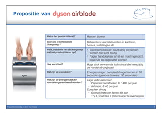 Propositie is gecombineerde antwoord op ….
•  Wat is het product/dienst?
•  Voor wie is het bedoeld (doelgroep)?
•  Welk probleem van de doelgroep lost het
product/dienst op?
•  Hoe werkt het?
•  Wat zijn de voordelen?
–  Wat zijn de bewijzen dat die voordelen
gerealiseerd worden?
4Propositieontwikkeling / denk- & werkwijze
 