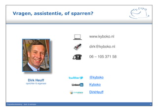 8Propositieontwikkeling / denk- & werkwijze
Propositie Onderscheidend vermogen
Slogan / pay off
Positionering
Voor zakelijke rijders die autorijden
méér vinden dan transport van A
naar B. Die enige luxe maar vooral
autotechnische kwaliteit waarderen.
Technisch hoogstaande kwaliteit
die sportief en zakelijk rijden
combineert op zeer hoog niveau
Sportieve & zakelijke rijders vinden bij
BMW de technisch kwaliteit èn de
sportiviteit waardoor autorijden óók
een plezier wordt
The ultimate driving machine
BMW maakt rijden geweldig
Voorbeeld
 