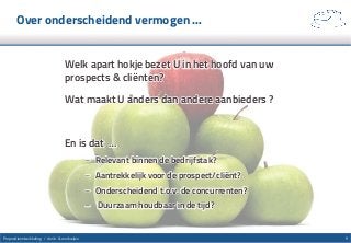 Over onderscheidend vermogen …
Welk apart hokje bezet U in het hoofd van uw
prospects & cliënten?
Wat maakt U anders dan andere aanbieders ?
En is dat …
–  Relevant binnen de bedrijfstak?
–  Aantrekkelijk voor de prospect/cliënt?
–  Onderscheidend t.o.v. de concurrenten?
–  Duurzaam houdbaar in de tijd?
9Propositieontwikkeling / denk- & werkwijze
 