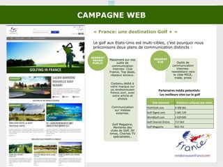 CAMPAGNE WEB
« France: une destination Golf + »
Le golf aux Etats-Unis est multi-cibles, c’est pourquoi nous
préconisons deux plans de communication distincts :
Placement sur nos
outils de
communication
internes: Club
France, Top deals,
réseaux sociaux.
Contenu dédié à
votre marque sur
us.rendezvousen
france.com, avec
votre article et
photos
Communication
sur médias
externes.
Golf Magazine,
Membres des
clubs de Golf, NY
times, Chaines TV
spécialisées…
SEGMENT
GRAND
PUBLIC Outils de
communication
internes:
newsletters vers
le cible MICE,
trade, press
SEGMENT
B2B
Site internet Visiteurs uniques par mois
PGATOUR.com 4 398 361
Golf Digest.com 1 681 129
WorldGolf.com 1 629 849
Golf Channel Online 717 063
Golf Magazine 655 761
Partenaires média potentiels:
Les meilleurs sites sur le golf
 
