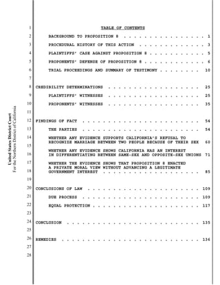 1                               TABLE OF CONTENTS
                                           2        BACKGROUND TO PROPOSITION 8     . . . . . . . . . . . . . . . . 1
                                           3        PROCEDURAL HISTORY OF THIS ACTION     . . . . . . . . . . . . . 3
                                           4        PLAINTIFFS’ CASE AGAINST PROPOSITION 8 . . . . . . . . . . . 5
                                           5        PROPONENTS’ DEFENSE OF PROPOSITION 8 . . . . . . . . . . . . 6
                                           6        TRIAL PROCEEDINGS AND SUMMARY OF TESTIMONY . . . . . . . .      10
                                           7
                                           8   CREDIBILITY DETERMINATIONS     . . . . . . . . . . . . . . . . . .   25
                                           9        PLAINTIFFS’ WITNESSES     . . . . . . . . . . . . . . . . . .   25
                                          10        PROPONENTS’ WITNESSES     . . . . . . . . . . . . . . . . . .   35
For the Northern District of California




                                          11
    United States District Court




                                          12   FINDINGS OF FACT     . . . . . . . . . . . . . . . . . . . . . . .   54
                                          13        THE PARTIES     . . . . . . . . . . . . . . . . . . . . . . .   54
                                          14        WHETHER ANY EVIDENCE SUPPORTS CALIFORNIA’S REFUSAL TO
                                                    RECOGNIZE MARRIAGE BETWEEN TWO PEOPLE BECAUSE OF THEIR SEX      60
                                          15
                                                    WHETHER ANY EVIDENCE SHOWS CALIFORNIA HAS AN INTEREST
                                          16        IN DIFFERENTIATING BETWEEN SAME-SEX AND OPPOSITE-SEX UNIONS 71
                                          17        WHETHER THE EVIDENCE SHOWS THAT PROPOSITION 8 ENACTED
                                                    A PRIVATE MORAL VIEW WITHOUT ADVANCING A LEGITIMATE
                                          18        GOVERNMENT INTEREST . . . . . . . . . . . . . . . . . . .       85
                                          19
                                          20   CONCLUSIONS OF LAW     . . . . . . . . . . . . . . . . . . . . . . 109
                                          21        DUE PROCESS     . . . . . . . . . . . . . . . . . . . . . . . 109
                                          22        EQUAL PROTECTION . . . . . . . . . . . . . . . . . . . . . 117
                                          23
                                          24   CONCLUSION    . . . . . . . . . . . . . . . . . . . . . . . . . . 135
                                          25
                                          26   REMEDIES     . . . . . . . . . . . . . . . . . . . . . . . . . . . 136
                                          27
                                          28
 