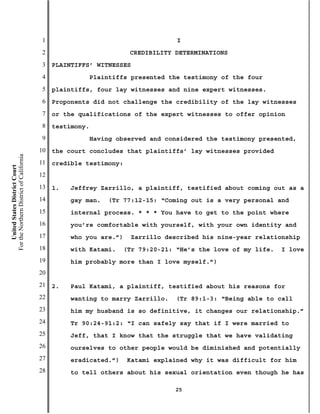 1                                       I
                                           2                          CREDIBILITY DETERMINATIONS
                                           3   PLAINTIFFS’ WITNESSES
                                           4                Plaintiffs presented the testimony of the four
                                           5   plaintiffs, four lay witnesses and nine expert witnesses.
                                           6   Proponents did not challenge the credibility of the lay witnesses
                                           7   or the qualifications of the expert witnesses to offer opinion
                                           8   testimony.
                                           9                Having observed and considered the testimony presented,
                                          10   the court concludes that plaintiffs’ lay witnesses provided
For the Northern District of California




                                          11   credible testimony:
    United States District Court




                                          12
                                          13   1.   Jeffrey Zarrillo, a plaintiff, testified about coming out as a
                                          14        gay man.    (Tr 77:12-15: “Coming out is a very personal and
                                          15        internal process. * * * You have to get to the point where
                                          16        you’re comfortable with yourself, with your own identity and
                                          17        who you are.”)    Zarrillo described his nine-year relationship
                                          18        with Katami.    (Tr 79:20-21: “He’s the love of my life.   I love
                                          19        him probably more than I love myself.”)
                                          20
                                          21   2.   Paul Katami, a plaintiff, testified about his reasons for
                                          22        wanting to marry Zarrillo.    (Tr 89:1-3: “Being able to call
                                          23        him my husband is so definitive, it changes our relationship.”
                                          24        Tr 90:24-91:2: “I can safely say that if I were married to
                                          25        Jeff, that I know that the struggle that we have validating
                                          26        ourselves to other people would be diminished and potentially
                                          27        eradicated.”)    Katami explained why it was difficult for him
                                          28        to tell others about his sexual orientation even though he has

                                                                                  25
 