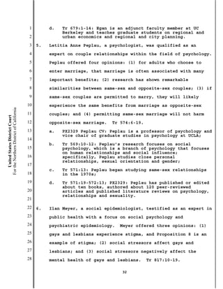 1        d.   Tr 679:1-14: Egan is an adjunct faculty member at UC
                                                         Berkeley and teaches graduate students on regional and
                                           2             urban economics and regional and city planning.
                                           3   5.   Letitia Anne Peplau, a psychologist, was qualified as an
                                           4        expert on couple relationships within the field of psychology.
                                           5        Peplau offered four opinions: (1) for adults who choose to
                                           6        enter marriage, that marriage is often associated with many
                                           7        important benefits; (2) research has shown remarkable
                                           8        similarities between same-sex and opposite-sex couples; (3) if
                                           9        same-sex couples are permitted to marry, they will likely
                                          10        experience the same benefits from marriage as opposite-sex
For the Northern District of California




                                          11        couples; and (4) permitting same-sex marriage will not harm
    United States District Court




                                          12        opposite-sex marriage.   Tr 574:6-19.
                                          13        a.   PX2329 Peplau CV: Peplau is a professor of psychology and
                                                         vice chair of graduate studies in psychology at UCLA;
                                          14
                                                    b.   Tr 569:10-12: Peplau’s research focuses on social
                                          15             psychology, which is a branch of psychology that focuses
                                                         on human relationships and social influence;
                                          16             specifically, Peplau studies close personal
                                                         relationships, sexual orientation and gender;
                                          17
                                                    c.   Tr 571:13: Peplau began studying same-sex relationships
                                          18             in the 1970s;
                                          19        d.   Tr 571:19-572:13; PX2329: Peplau has published or edited
                                                         about ten books, authored about 120 peer-reviewed
                                          20             articles and published literature reviews on psychology,
                                                         relationships and sexuality.
                                          21
                                          22   6.   Ilan Meyer, a social epidemiologist, testified as an expert in
                                          23        public health with a focus on social psychology and
                                          24        psychiatric epidemiology.   Meyer offered three opinions: (1)
                                          25        gays and lesbians experience stigma, and Proposition 8 is an
                                          26        example of stigma; (2) social stressors affect gays and
                                          27        lesbians; and (3) social stressors negatively affect the
                                          28        mental health of gays and lesbians.     Tr 817:10-19.

                                                                                32
 