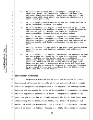 1        b.   Tr 1525:1-10: Segura and a colleague, through the
                                                         Stanford Center for Democracy, operate the American
                                           2             National Elections Studies, which provides political
                                                         scientists with data about the American electorate’s
                                           3             views about politics;
                                           4        c.   Tr 1525:11-19: Segura serves on the editorial boards of
                                                         major political science journals;
                                           5
                                                    d.   Tr 1525:22-1526:24: Segura’s work focuses on political
                                           6             representation and whether elected officials respond to
                                                         the voting public; within the field of political
                                           7             representation, Segura focuses on minorities;
                                           8        e.   PX2330; Tr 1527:25-1528:14: Segura has published about
                                                         twenty-five peer-reviewed articles, authored about
                                           9             fifteen chapters in edited volumes and has presented at
                                                         between twenty and forty conferences in the past ten
                                          10             years;
For the Northern District of California




                                          11        f.   PX2330; Tr 1528:21-24: Segura has published three pieces
    United States District Court




                                                         specific to gay and lesbian politics and political
                                          12             issues;
                                          13        g.   Tr 1532:11-1533:17: Segura identified the methods he used
                                                         and materials he relied on to form his opinions in this
                                          14             case. Relying on his background as a political
                                                         scientist, Segura read literature on gay and lesbian
                                          15             politics, examined the statutory status of gays and
                                                         lesbians and public attitudes about gays and lesbians,
                                          16             determined the presence or absence of gays and lesbians
                                                         in political office and considered ballot initiatives
                                          17             about gay and lesbian issues.
                                          18
                                          19   PROPONENTS’ WITNESSES
                                          20             Proponents elected not to call the majority of their
                                          21   designated witnesses to testify at trial and called not a single
                                          22   official proponent of Proposition 8 to explain the discrepancies
                                          23   between the arguments in favor of Proposition 8 presented to voters
                                          24   and the arguments presented in court.   Proponents informed the
                                          25   court on the first day of trial, January 11, 2010, that they were
                                          26   withdrawing Loren Marks, Paul Nathanson, Daniel N Robinson and
                                          27   Katherine Young as witnesses.   Doc #398 at 3.   Proponents’ counsel
                                          28   stated in court on Friday, January 15, 2010, that their witnesses

                                                                                35
 