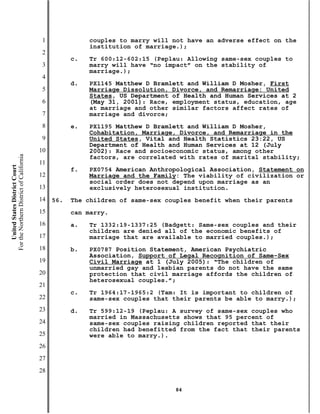 1              couples to marry will not have an adverse effect on the
                                                          institution of marriage.);
                                           2
                                                     c.   Tr 600:12-602:15 (Peplau: Allowing same-sex couples to
                                           3              marry will have “no impact” on the stability of
                                                          marriage.);
                                           4
                                                     d.   PX1145 Matthew D Bramlett and William D Mosher, First
                                           5              Marriage Dissolution, Divorce, and Remarriage: United
                                                          States, US Department of Health and Human Services at 2
                                           6              (May 31, 2001): Race, employment status, education, age
                                                          at marriage and other similar factors affect rates of
                                           7              marriage and divorce;
                                           8         e.   PX1195 Matthew D Bramlett and William D Mosher,
                                                          Cohabitation, Marriage, Divorce, and Remarriage in the
                                           9              United States, Vital and Health Statistics 23:22, US
                                                          Department of Health and Human Services at 12 (July
                                          10              2002): Race and socioeconomic status, among other
For the Northern District of California




                                                          factors, are correlated with rates of marital stability;
                                          11
    United States District Court




                                                     f.   PX0754 American Anthropological Association, Statement on
                                          12              Marriage and the Family: The viability of civilization or
                                                          social order does not depend upon marriage as an
                                          13              exclusively heterosexual institution.
                                          14   56.   The children of same-sex couples benefit when their parents
                                          15         can marry.
                                          16         a.   Tr 1332:19-1337:25 (Badgett: Same-sex couples and their
                                                          children are denied all of the economic benefits of
                                          17              marriage that are available to married couples.);
                                          18         b.   PX0787 Position Statement, American Psychiatric
                                                          Association, Support of Legal Recognition of Same-Sex
                                          19              Civil Marriage at 1 (July 2005): “The children of
                                                          unmarried gay and lesbian parents do not have the same
                                          20              protection that civil marriage affords the children of
                                                          heterosexual couples.”;
                                          21
                                                     c.   Tr 1964:17-1965:2 (Tam: It is important to children of
                                          22              same-sex couples that their parents be able to marry.);
                                          23         d.   Tr 599:12-19 (Peplau: A survey of same-sex couples who
                                                          married in Massachusetts shows that 95 percent of
                                          24              same-sex couples raising children reported that their
                                                          children had benefitted from the fact that their parents
                                          25              were able to marry.).
                                          26
                                          27
                                          28

                                                                                84
 