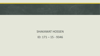 SHAKAWAT HOSSEN
ID: 171 – 15 - 9346
 
