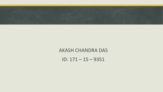 AKASH CHANDRA DAS
ID: 171 – 15 – 9351
 
