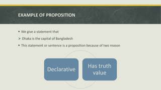 EXAMPLE OF PROPOSITION
 We give a statement that
 Dhaka is the capital of Bangladesh
 This statement or sentence is a proposition because of two reason
Declarative
Has truth
value
 