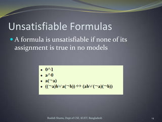 Rushdi Shams, Dept of CSE, KUET, Bangladesh 14
Unsatisfiable Formulas
 A formula is unsatisfiable if none of its
assignment is true in no models
 