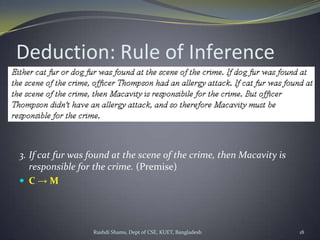 Rushdi Shams, Dept of CSE, KUET, Bangladesh 18
Deduction: Rule of Inference
3. If cat fur was found at the scene of the crime, then Macavity is
responsible for the crime. (Premise)
 C → M
 