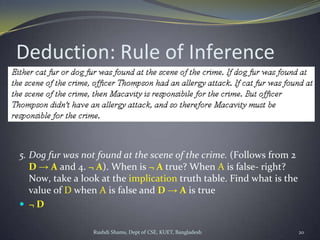 Rushdi Shams, Dept of CSE, KUET, Bangladesh 20
Deduction: Rule of Inference
5. Dog fur was not found at the scene of the crime. (Follows from 2
D → A and 4. ¬ A). When is ¬ A true? When A is false- right?
Now, take a look at the implication truth table. Find what is the
value of D when A is false and D → A is true
 ¬ D
 