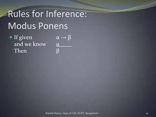 Rushdi Shams, Dept of CSE, KUET, Bangladesh 25
Rules for Inference:
Modus Ponens
 If given α → β
and we know α
Then β
 