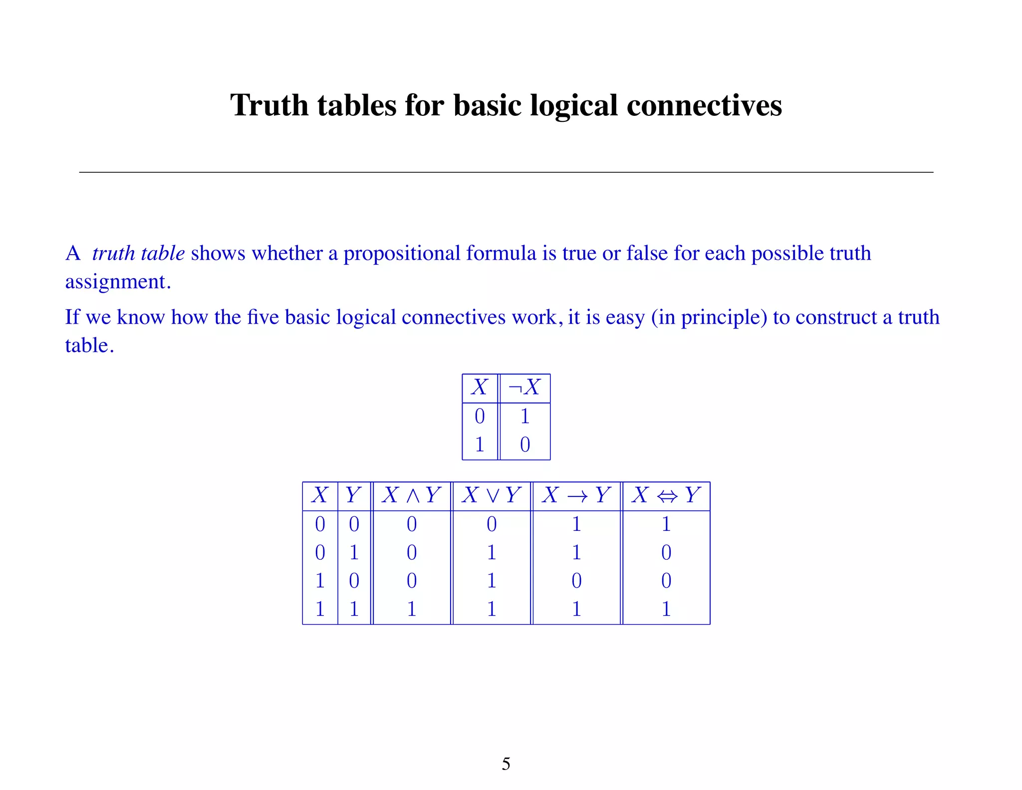 Truth tables for basic logical connectives
A truth table shows whether a propositional formula is true or false for each possible truth
assignment.
If we know how the five basic logical connectives work, it is easy (in principle) to construct a truth
table.
5
 