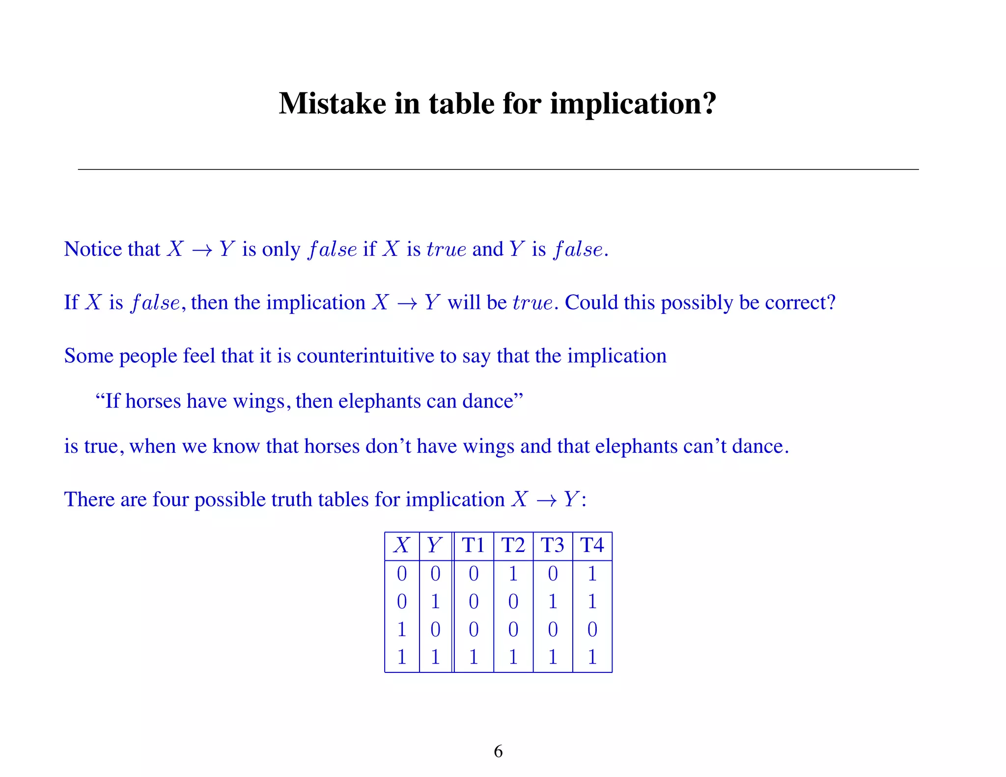 Mistake in table for implication?
Notice that is only if is and is .
If is , then the implication will be . Could this possibly be correct?
Some people feel that it is counterintuitive to say that the implication
“If horses have wings, then elephants can dance”
is true, when we know that horses don’t have wings and that elephants can’t dance.
There are four possible truth tables for implication :
T1 T2 T3 T4
6
 