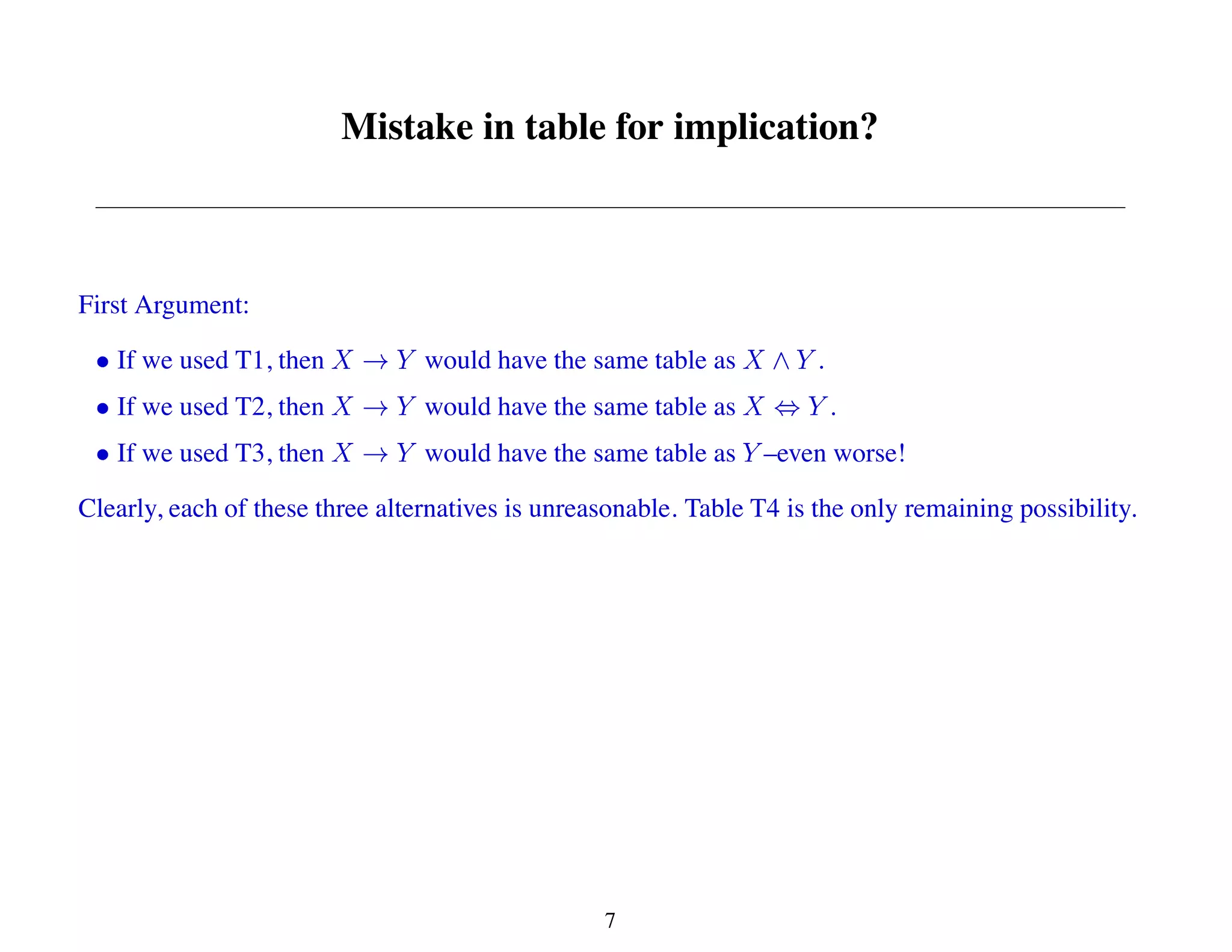 Mistake in table for implication?
First Argument:
If we used T1, then would have the same table as .
If we used T2, then would have the same table as .
If we used T3, then would have the same table as –even worse!
Clearly, each of these three alternatives is unreasonable. Table T4 is the only remaining possibility.
7
 