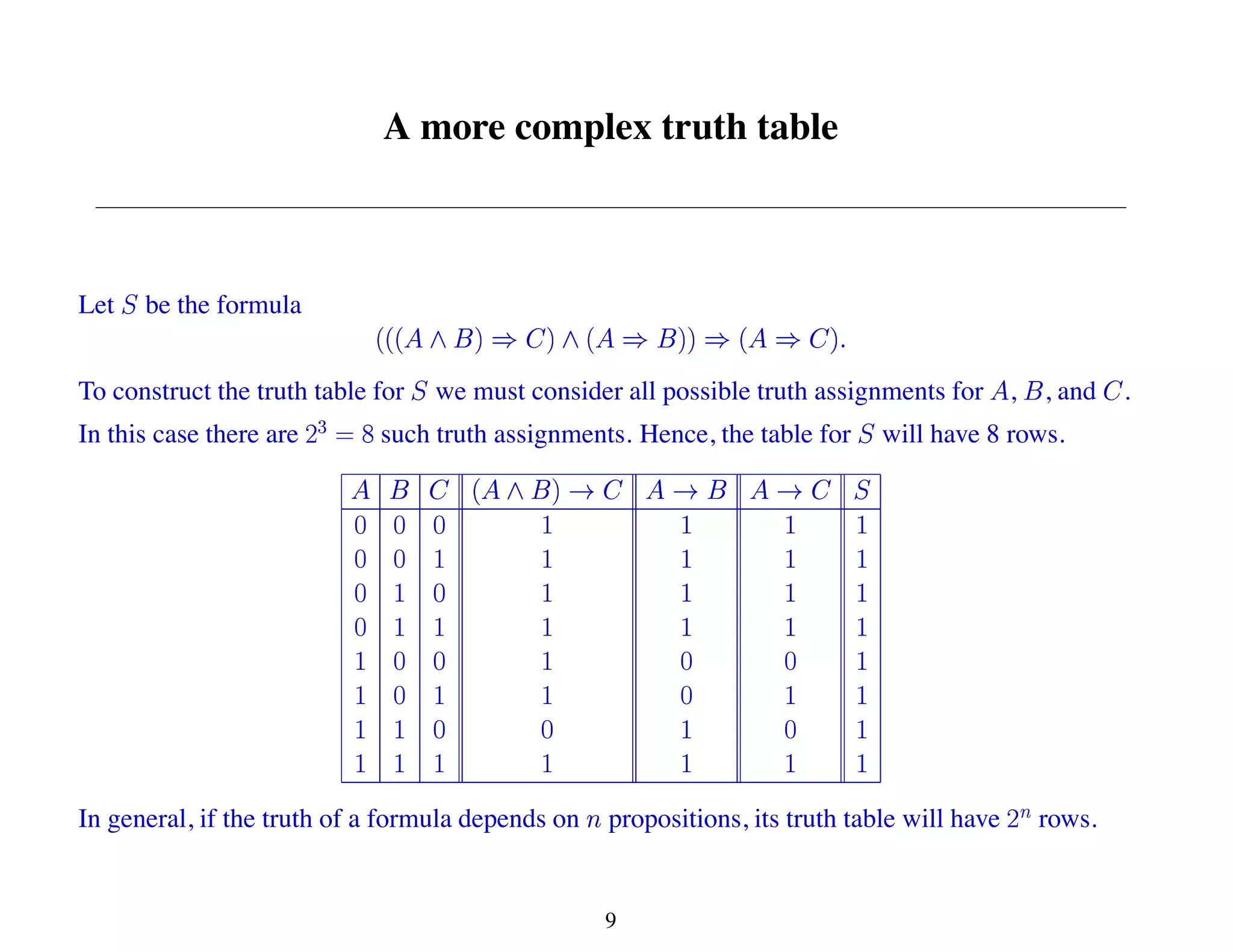 A more complex truth table
Let be the formula
To construct the truth table for we must consider all possible truth assignments for , , and .
In this case there are such truth assignments. Hence, the table for will have 8 rows.
In general, if the truth of a formula depends on propositions, its truth table will have rows.
9
 