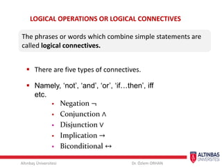 Altınbaş Üniversitesi Dr. Özlem ORHAN
LOGICAL OPERATIONS OR LOGICAL CONNECTIVES
The phrases or words which combine simple statements are
called logical connectives.
 There are five types of connectives.
 Namely, ‘not’, ‘and’, ‘or’, ‘if…then’, iff
etc.
 Negation ¬
 Conjunction ∧
 Disjunction ∨
 Implication →
 Biconditional ↔
 
