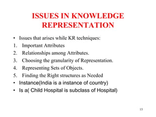 ISSUES IN KNOWLEDGE
REPRESENTATION
• Issues that arises while KR techniques:
1. Important Attributes
2. Relationships among Attributes.
3. Choosing the granularity of Representation.
4. Representing Sets of Objects.
5. Finding the Right structures as Needed
• Instance(India is a instance of country)
• Is a( Child Hospital is subclass of Hospital)
13
 
