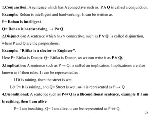 25
1.Conjunction: A sentence which has ∧ connective such as, P ∧ Q is called a conjunction.
Example: Rohan is intelligent and hardworking. It can be written as,
P= Rohan is intelligent,
Q= Rohan is hardworking. → P∧ Q.
2.Disjunction: A sentence which has ∨ connective, such as P ∨ Q. is called disjunction,
where P and Q are the propositions.
Example: "Ritika is a doctor or Engineer",
Here P= Ritika is Doctor. Q= Ritika is Doctor, so we can write it as P ∨ Q.
3.Implication: A sentence such as P → Q, is called an implication. Implications are also
known as if-then rules. It can be represented as
If it is raining, then the street is wet.
Let P= It is raining, and Q= Street is wet, so it is represented as P → Q
4.Biconditional: A sentence such as P⇔ Q is a Biconditional sentence, example If I am
breathing, then I am alive
P= I am breathing, Q= I am alive, it can be represented as P ⇔ Q.
 
