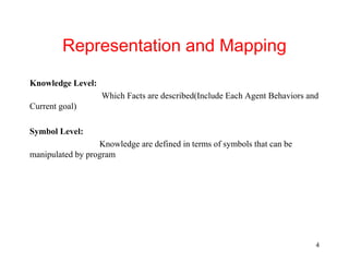 Representation and Mapping
Knowledge Level:
Which Facts are described(Include Each Agent Behaviors and
Current goal)
Symbol Level:
Knowledge are defined in terms of symbols that can be
manipulated by program
4
 