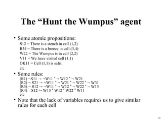 22
The “Hunt the Wumpus” agent
• Some atomic propositions:
S12 = There is a stench in cell (1,2)
B34 = There is a breeze in cell (3,4)
W22 = The Wumpus is in cell (2,2)
V11 = We have visited cell (1,1)
OK11 = Cell (1,1) is safe.
etc
• Some rules:
(R1) S11  W11   W12   W21
(R2)  S21  W11   W21   W22   W31
(R3)  S12  W11   W12   W22   W13
(R4) S12  W13  W12  W22  W11
etc
• Note that the lack of variables requires us to give similar
rules for each cell
 